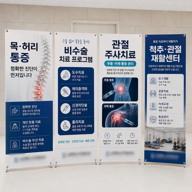 병원 로비에 같은 기준으로 맞춰 세운 진료 안내 배너 네 개