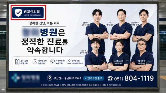 심의필 표시와 심의번호를 넣어 발행한 병원 옥외광고
