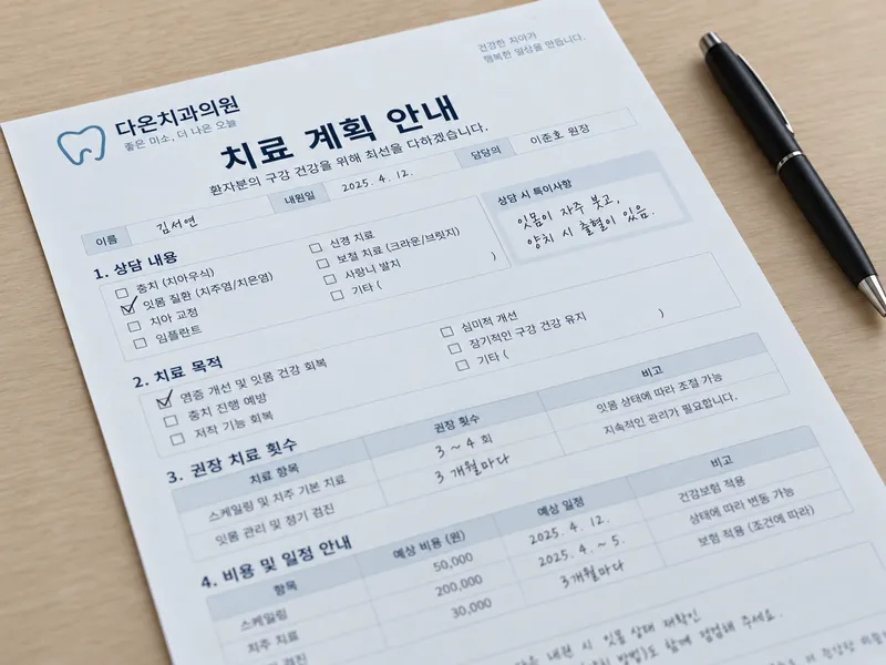 상담 내용과 권장 치료, 비용과 일정이 항목별로 적힌 치료 계획 안내서