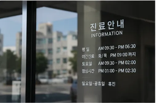 진료시간이 적힌 병원 출입문 유리