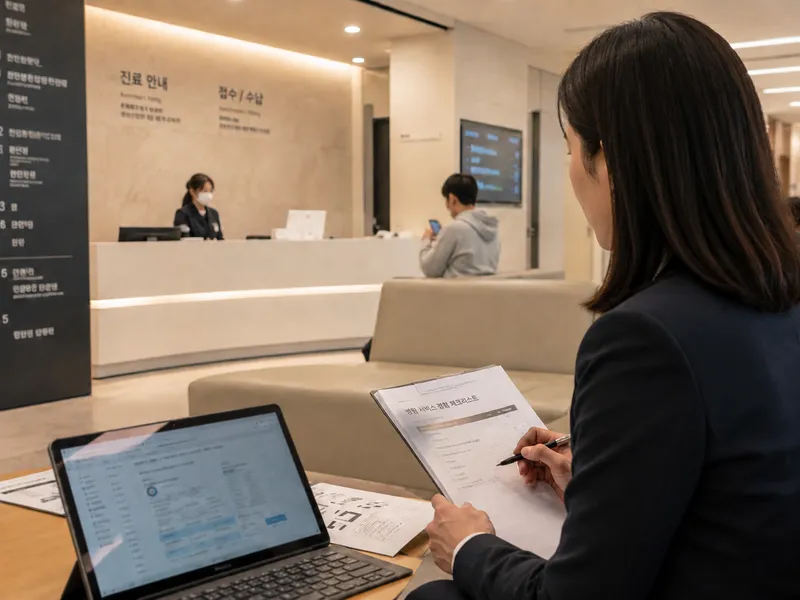 로비에 앉아 체크리스트로 접수 동선을 확인하는 컨설턴트