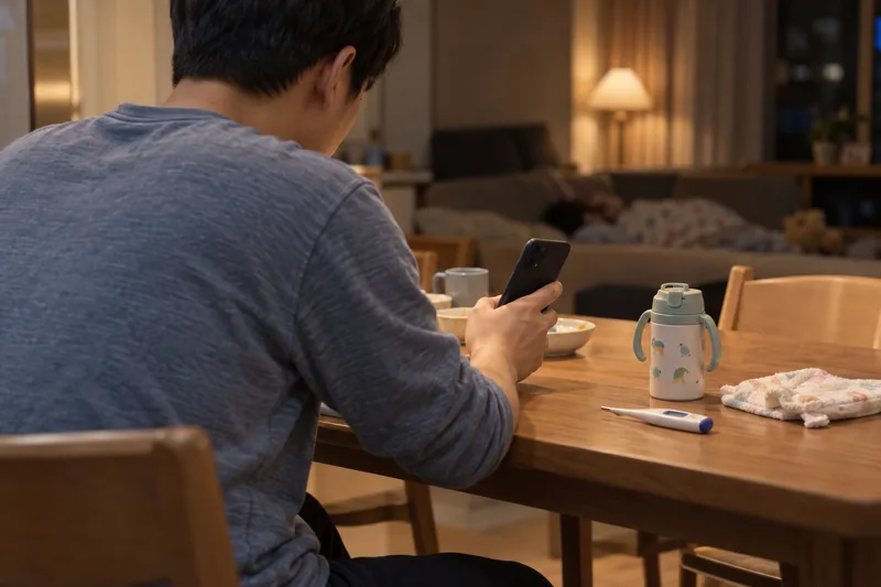 저녁 식탁에서 핸드폰으로 병원을 찾아보는 보호자